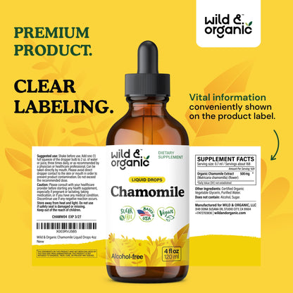 Wild & Organic Chamomile Flowers Drops - Add to Tea for Relaxation Support - 500 mg Chamomile Extract Liquid Drops - Calming Herbal Supplement - 56-Day Supply - Vegan, Sugar & Alcohol-Free - 4 fl oz - PrimeBioHealth - canada supplements