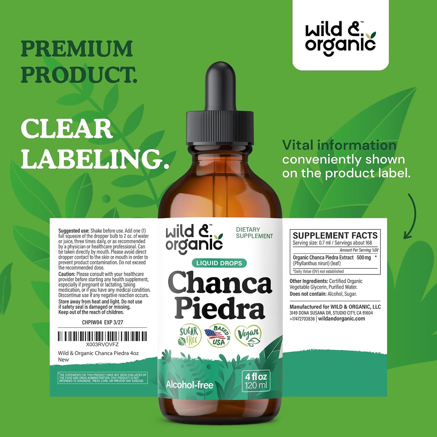 Wild & Organic Chanca Piedra Stone Breaker Drops - Kidney, Gallbladder & Urinary Support - Chanca Piedra Liquid Extract for Fast Absorption - Add to Tea Herb Tincture - Sugar & Alcohol-Free - 4 oz - PrimeBioHealth - canada supplements