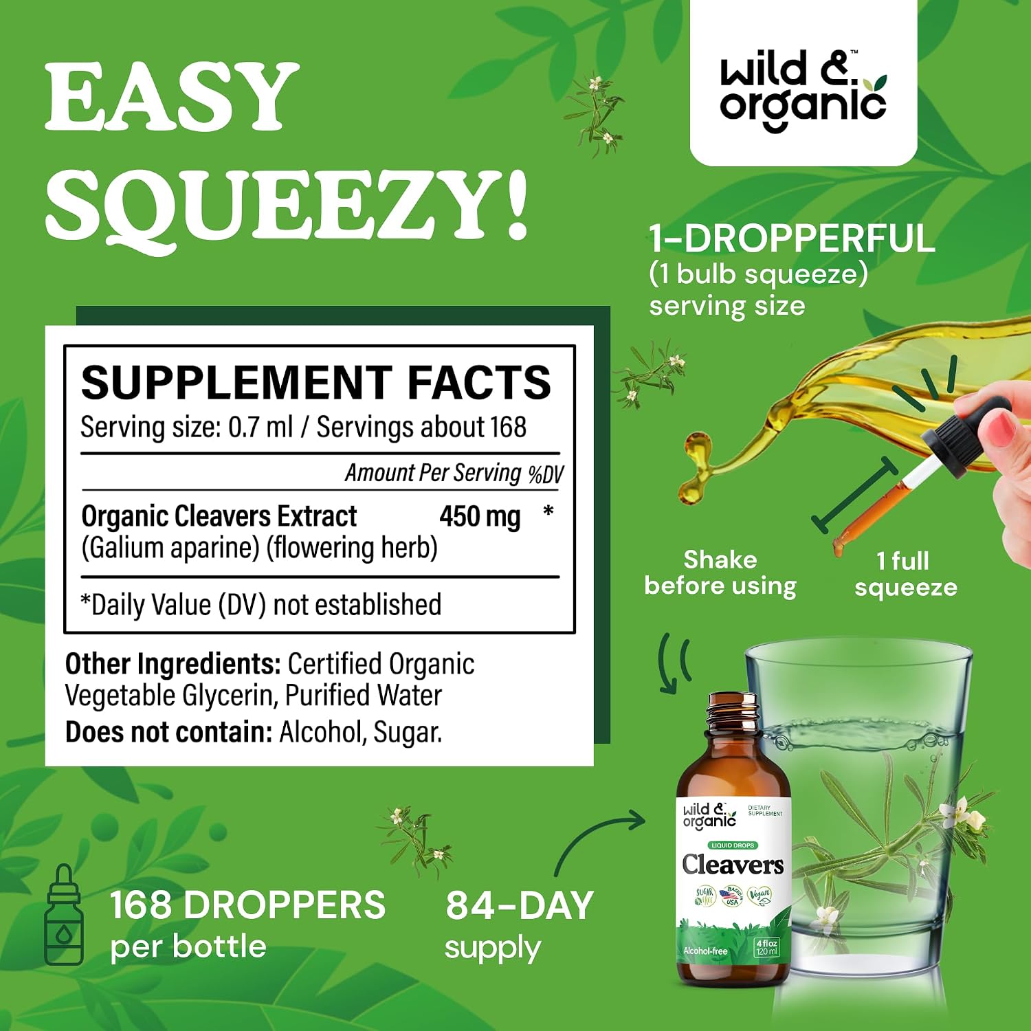 Wild & Organic Cleavers Lymphatic Drainage Drops - Cleavers Herb for Natural Detox Support - Add to Tea Tincture - Galium Aparine Leaf Extract Supplement - Vegan, Sugar & Alcohol-Free - 4 fl oz - PrimeBioHealth - canada supplements