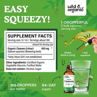 Wild & Organic Cleavers Lymphatic Drainage Drops - Cleavers Herb for Natural Detox Support - Add to Tea Tincture - Galium Aparine Leaf Extract Supplement - Vegan, Sugar & Alcohol-Free - 4 fl oz - PrimeBioHealth - canada supplements