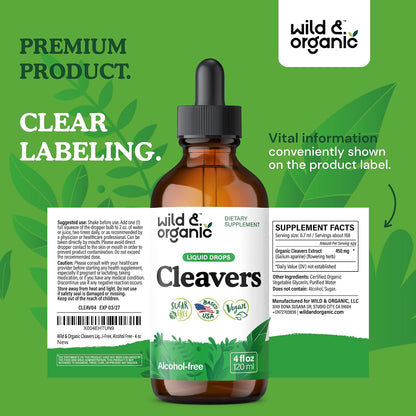 Wild & Organic Cleavers Lymphatic Drainage Drops - Cleavers Herb for Natural Detox Support - Add to Tea Tincture - Galium Aparine Leaf Extract Supplement - Vegan, Sugar & Alcohol-Free - 4 fl oz - PrimeBioHealth - canada supplements