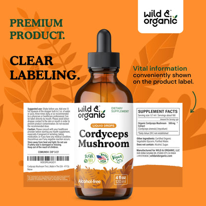 Wild & Organic Cordyceps Mushroom Tincture - Energy & Immune Support - Cordyceps Sinensis Extract Supplement - Liquid Mushroom Drops - Add to Tea & Mix with Powder - Sugar & Alcohol-Free - 4 fl oz - PrimeBioHealth - canada supplements