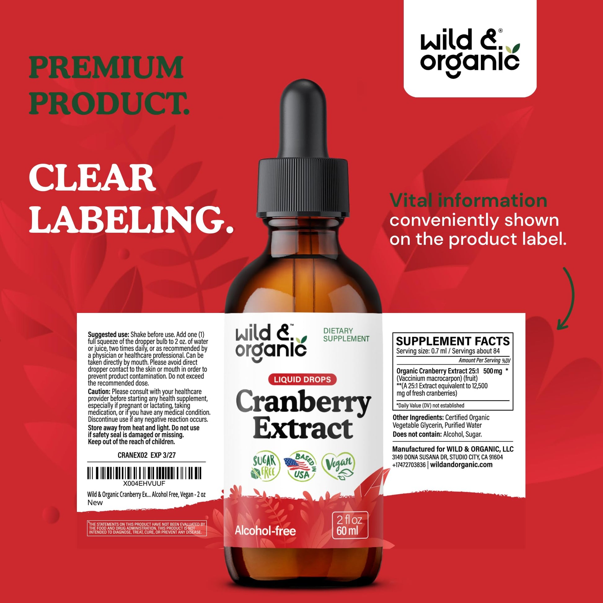 Wild & Organic Cranberry Concentrate Liquid Drops - Urinary Tract Support with Cranberry Supplement for Women & Men - 500 mg Extract per Serving - Vegan, Sugar & Alcohol-Free - 4 fl oz - PrimeBioHealth - canada supplements