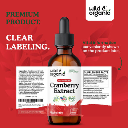 Wild & Organic Cranberry Concentrate Liquid Drops - Urinary Tract Support with Cranberry Supplement for Women & Men - 500 mg Extract per Serving - Vegan, Sugar & Alcohol-Free - 4 fl oz - PrimeBioHealth - canada supplements