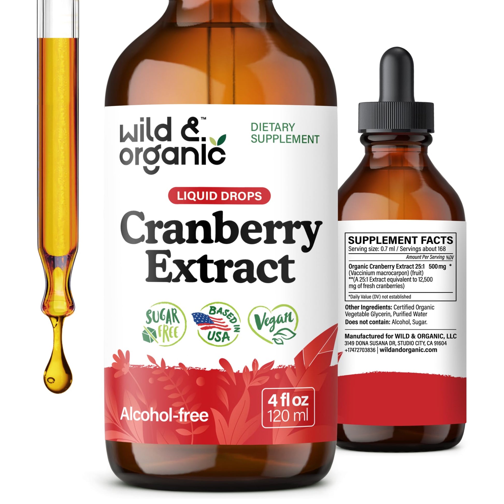 Wild & Organic Cranberry Concentrate Liquid Drops - Urinary Tract Support with Cranberry Supplement for Women & Men - 500 mg Extract per Serving - Vegan, Sugar & Alcohol-Free - 4 fl oz - PrimeBioHealth - canada supplements