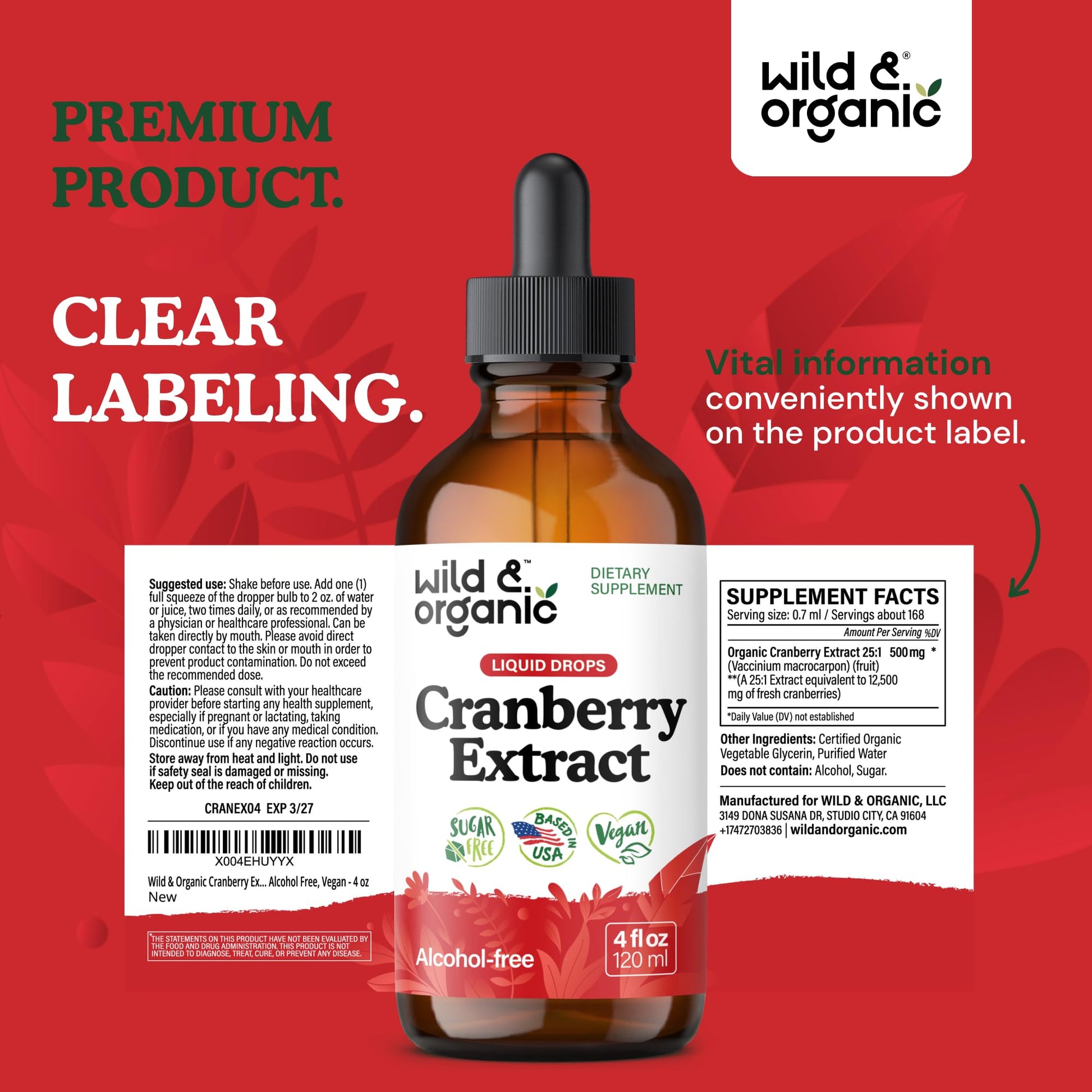 Wild & Organic Cranberry Concentrate Liquid Drops - Urinary Tract Support with Cranberry Supplement for Women & Men - 500 mg Extract per Serving - Vegan, Sugar & Alcohol-Free - 4 fl oz - PrimeBioHealth - canada supplements