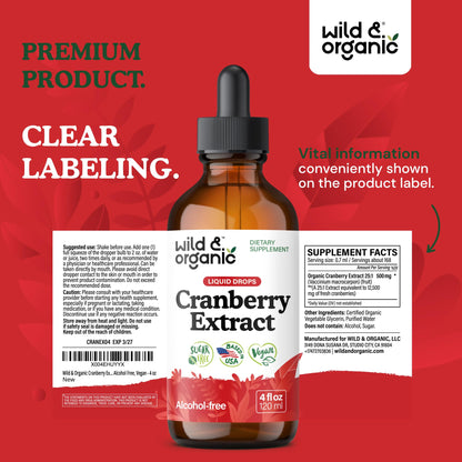 Wild & Organic Cranberry Concentrate Liquid Drops - Urinary Tract Support with Cranberry Supplement for Women & Men - 500 mg Extract per Serving - Vegan, Sugar & Alcohol-Free - 4 fl oz - PrimeBioHealth - canada supplements