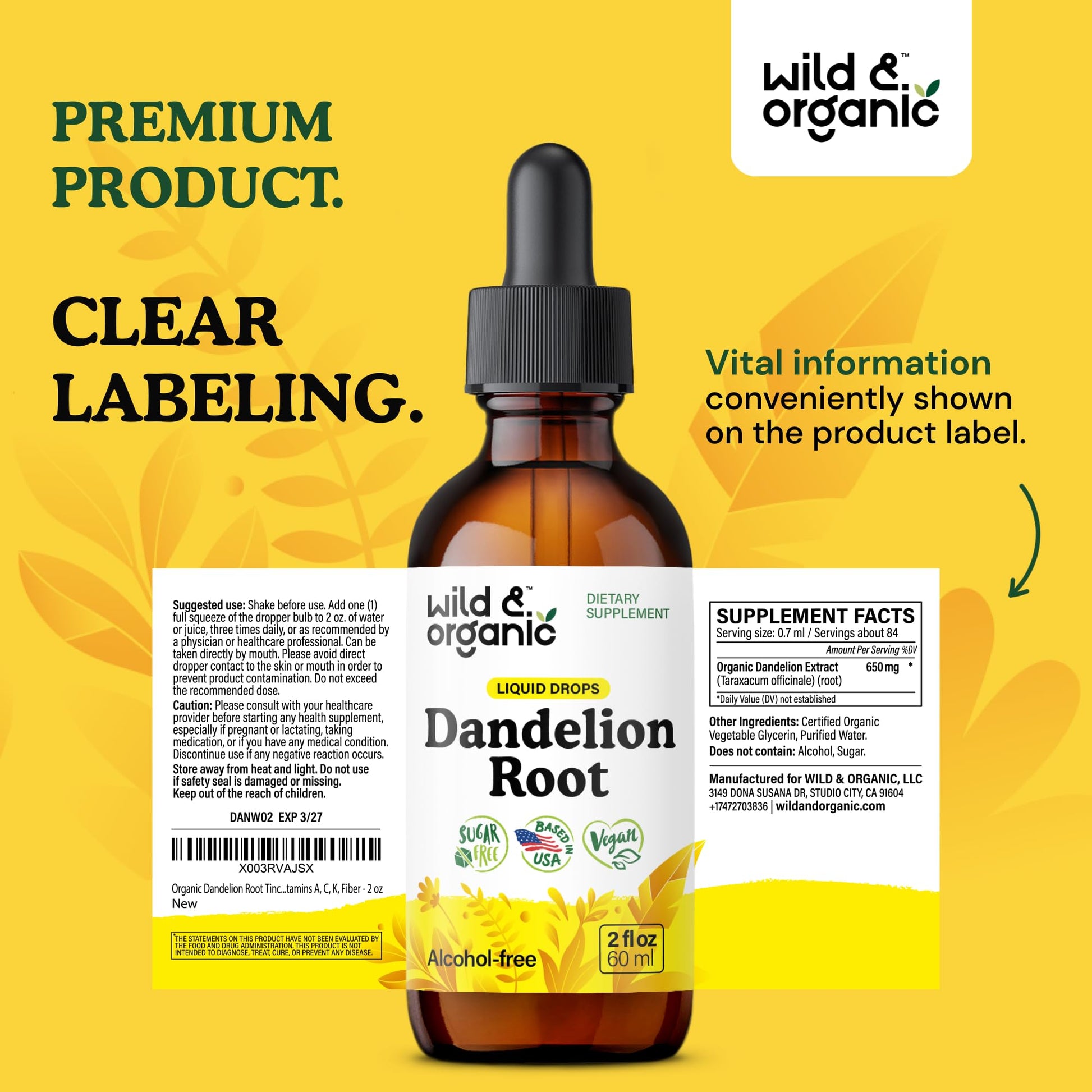 Wild & Organic Dandelion Root Extract Drops - Liver Cleanse Detox - Herbal Dandelion Tincture - Liver Support Supplement - Add to Tea - Vegan, Sugar & Alcohol-Free Liquid Drops - 4 fl oz - PrimeBioHealth - canada supplements