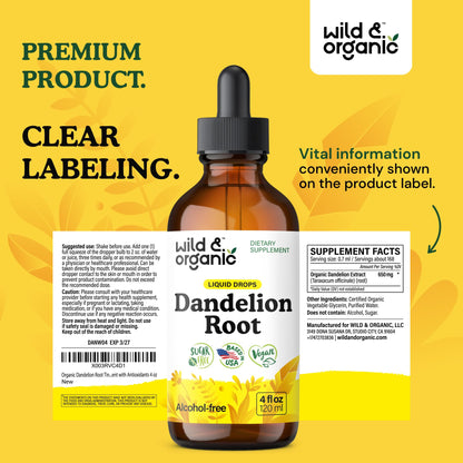 Wild & Organic Dandelion Root Extract Drops - Liver Cleanse Detox - Herbal Dandelion Tincture - Liver Support Supplement - Add to Tea - Vegan, Sugar & Alcohol-Free Liquid Drops - 4 fl oz - PrimeBioHealth - canada supplements