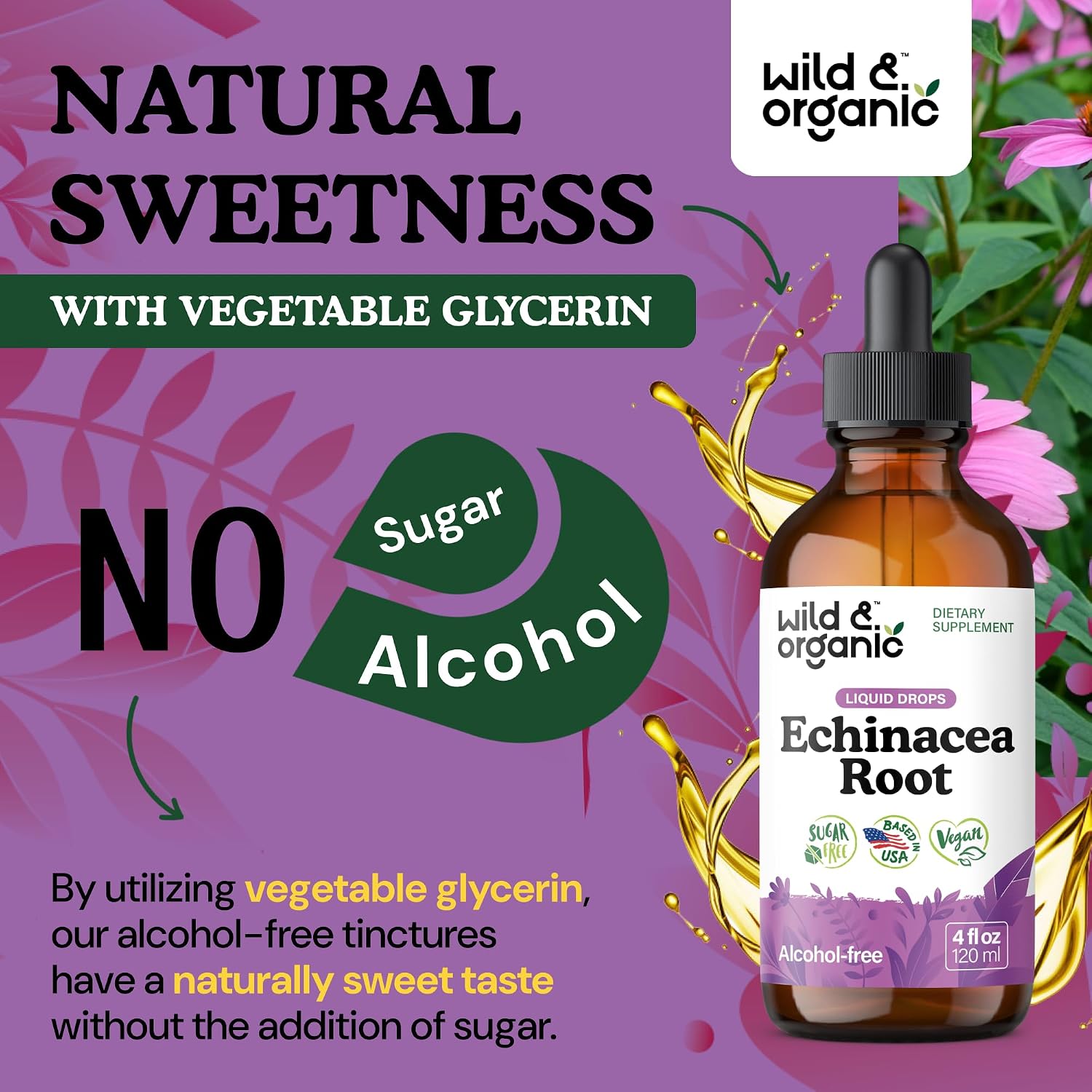 Wild & Organic Echinacea Drops - Immune & Lymphatic Drainage Drops - Liquid Echinacea Supplement - Add to Tea Tincture - Angustifolia Herb Extract - Vegan, Sugar & Alcohol-Free - 4 fl oz - PrimeBioHealth - canada supplements