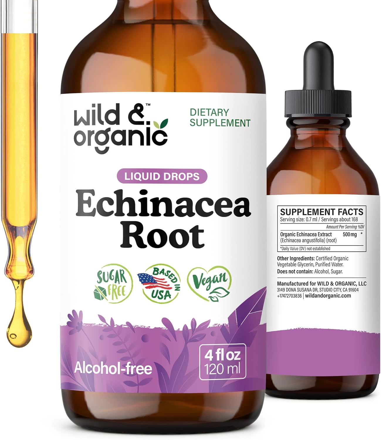 Wild & Organic Echinacea Drops - Immune & Lymphatic Drainage Drops - Liquid Echinacea Supplement - Add to Tea Tincture - Angustifolia Herb Extract - Vegan, Sugar & Alcohol-Free - 4 fl oz - PrimeBioHealth - canada supplements