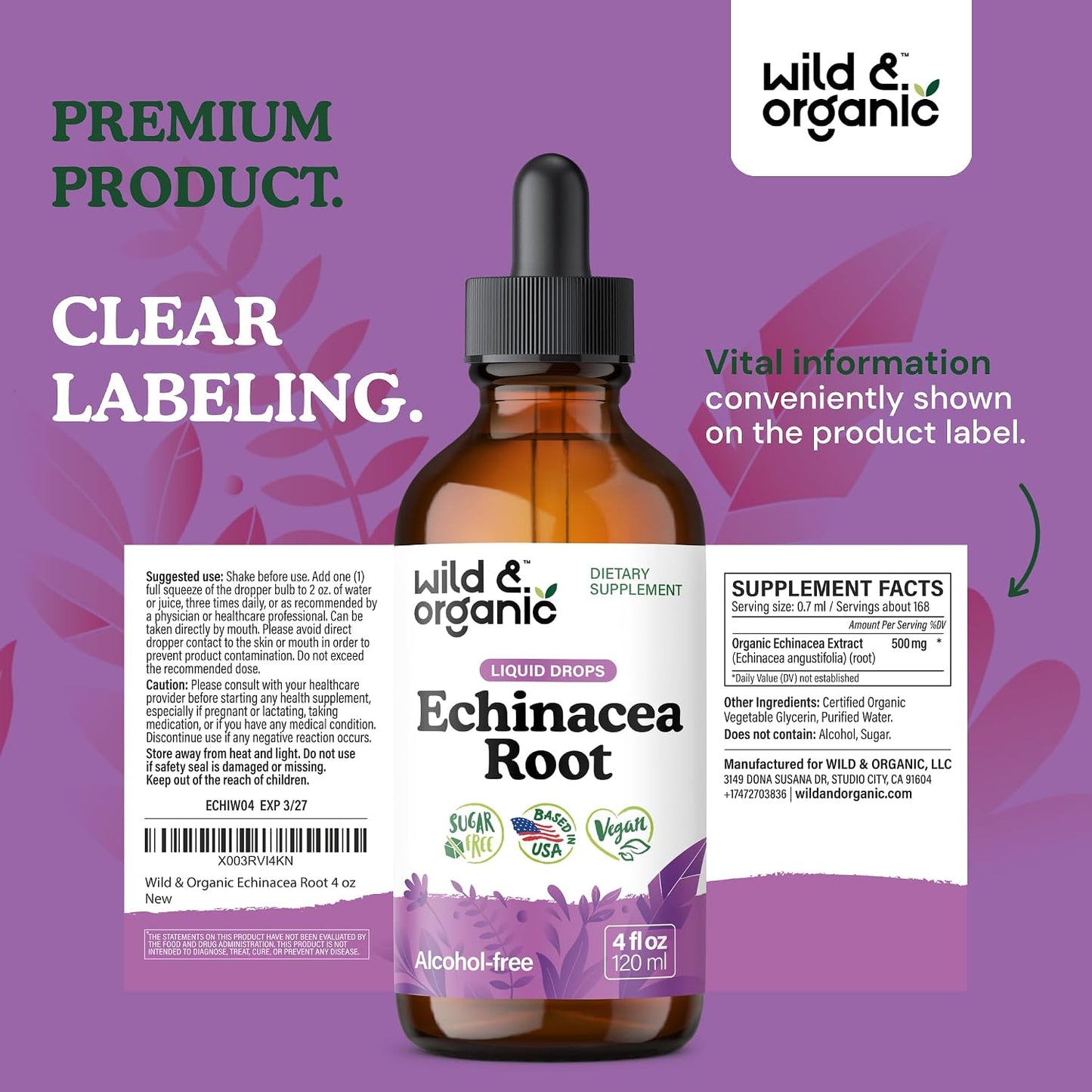 Wild & Organic Echinacea Drops - Immune & Lymphatic Drainage Drops - Liquid Echinacea Supplement - Add to Tea Tincture - Angustifolia Herb Extract - Vegan, Sugar & Alcohol-Free - 4 fl oz - PrimeBioHealth - canada supplements