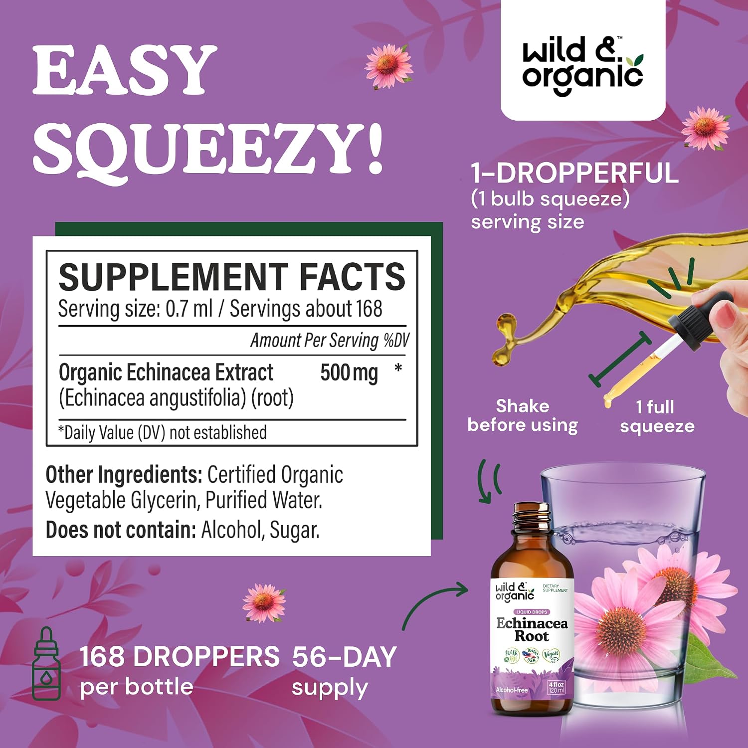 Wild & Organic Echinacea Drops - Immune & Lymphatic Drainage Drops - Liquid Echinacea Supplement - Add to Tea Tincture - Angustifolia Herb Extract - Vegan, Sugar & Alcohol-Free - 4 fl oz - PrimeBioHealth - canada supplements