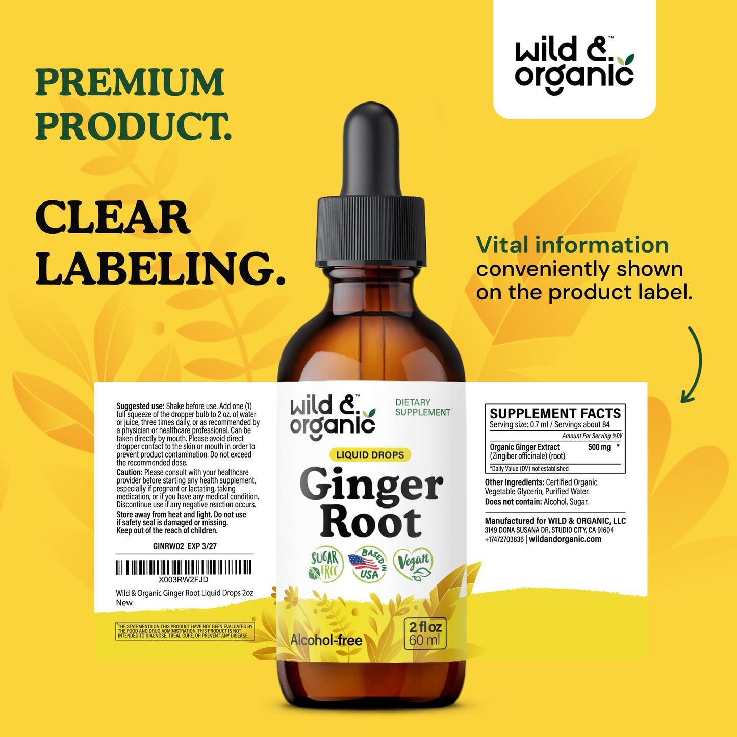 Wild & Organic Ginger Root Extract Drops - Immune & Digestive Support - Liquid Ginger Supplements - Easy to Add to Tea - Vegan, Sugar & Alcohol-Free Tincture - 4 fl oz - PrimeBioHealth - canada supplements