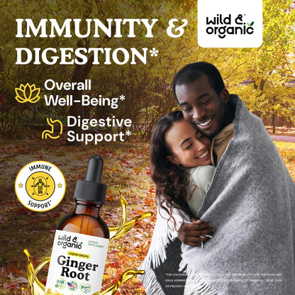 Wild & Organic Ginger Root Extract Drops - Immune & Digestive Support - Liquid Ginger Supplements - Easy to Add to Tea - Vegan, Sugar & Alcohol-Free Tincture - 4 fl oz - PrimeBioHealth - canada supplements