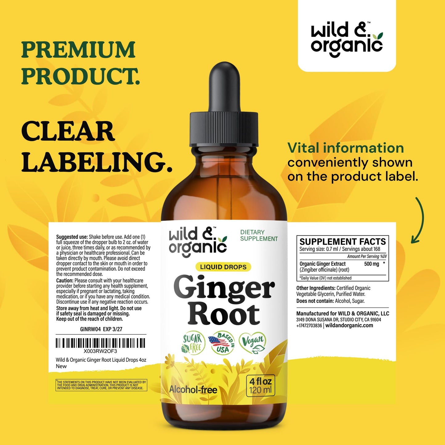 Wild & Organic Ginger Root Extract Drops - Immune & Digestive Support - Liquid Ginger Supplements - Easy to Add to Tea - Vegan, Sugar & Alcohol-Free Tincture - 4 fl oz - PrimeBioHealth - canada supplements