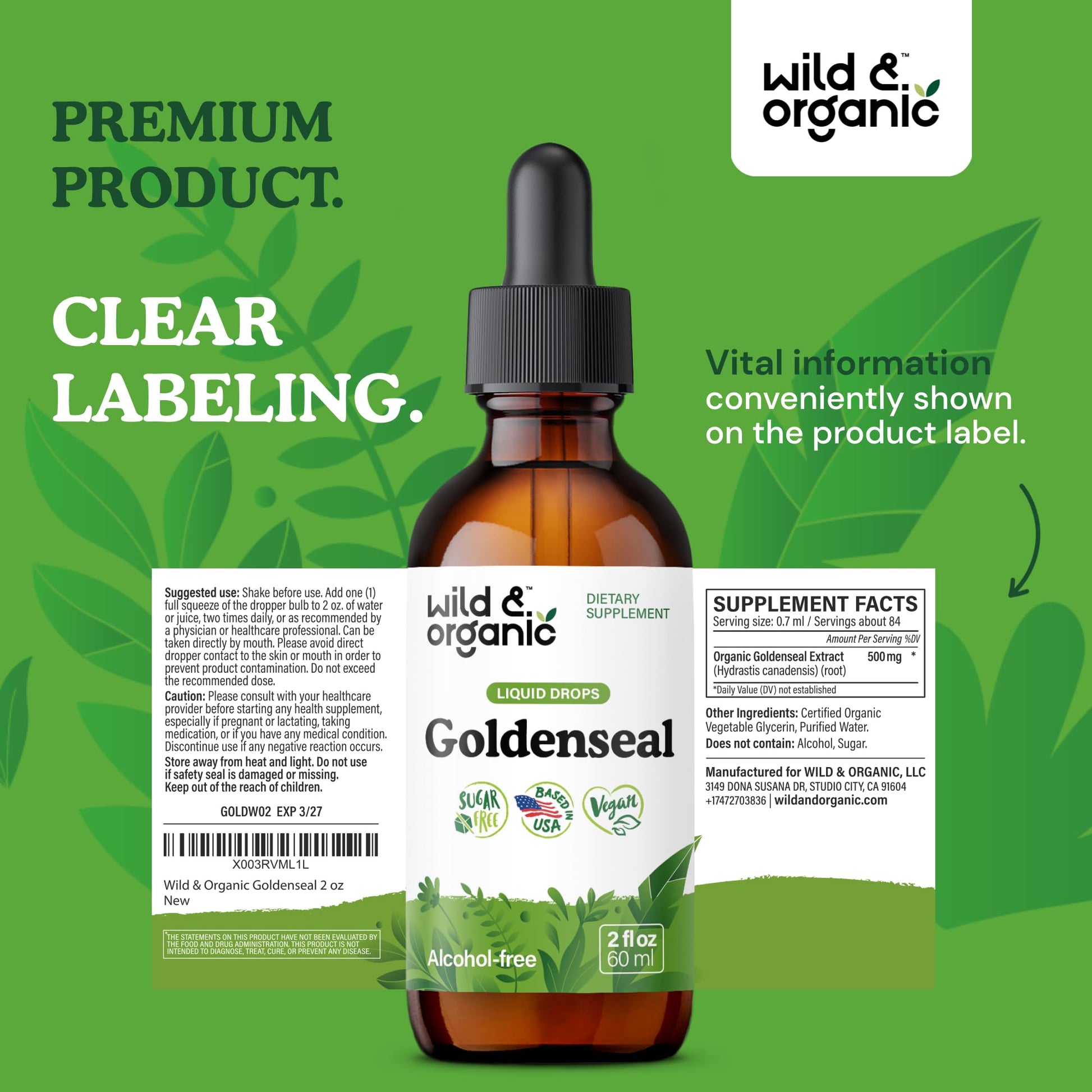 Wild & Organic Goldenseal Tincture - Lung & Digestive Support - Goldenseal Root Extract Liquid Drops - Vegan, Sugar & Alcohol-Free Herb Supplement - 4 fl oz - PrimeBioHealth - canada supplements