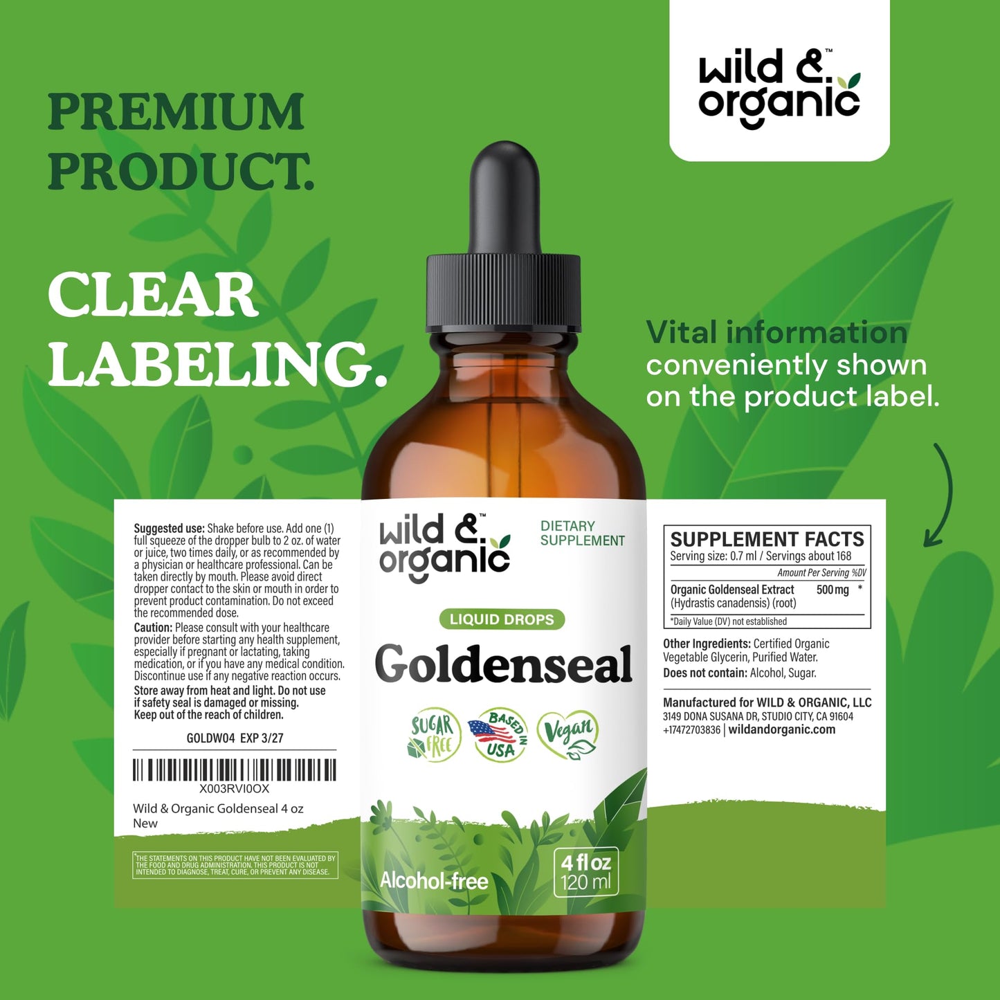 Wild & Organic Goldenseal Tincture - Lung & Digestive Support - Goldenseal Root Extract Liquid Drops - Vegan, Sugar & Alcohol-Free Herb Supplement - 4 fl oz - PrimeBioHealth - canada supplements