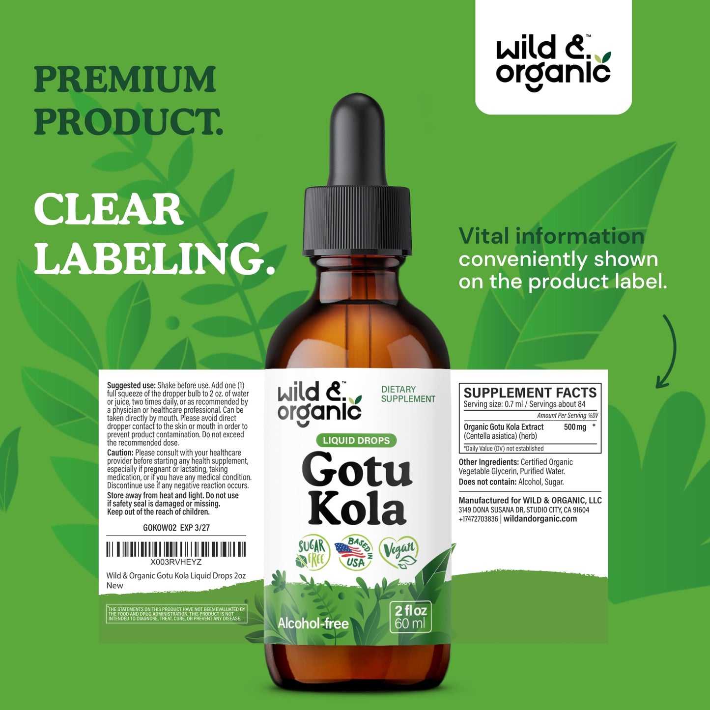 Wild & Organic Gotu Kola Extract Drops - Brain Support with Centella Asiatica Extract - Liquid Gotu Kola Supplement for Focus - Vegan, Sugar & Alcohol-Free Herb Tincture - 4 fl oz - PrimeBioHealth - canada supplements
