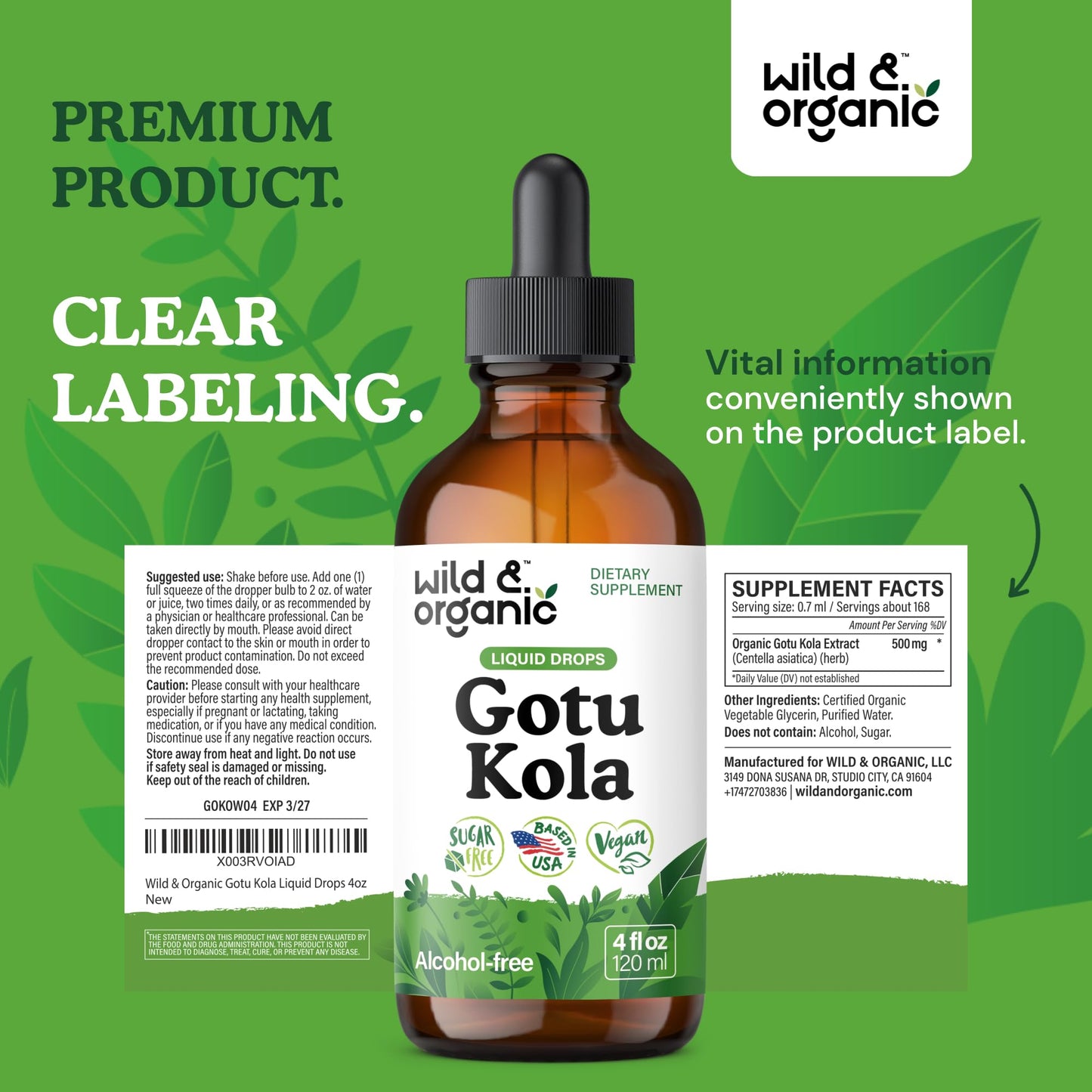 Wild & Organic Gotu Kola Extract Drops - Brain Support with Centella Asiatica Extract - Liquid Gotu Kola Supplement for Focus - Vegan, Sugar & Alcohol-Free Herb Tincture - 4 fl oz - PrimeBioHealth - canada supplements