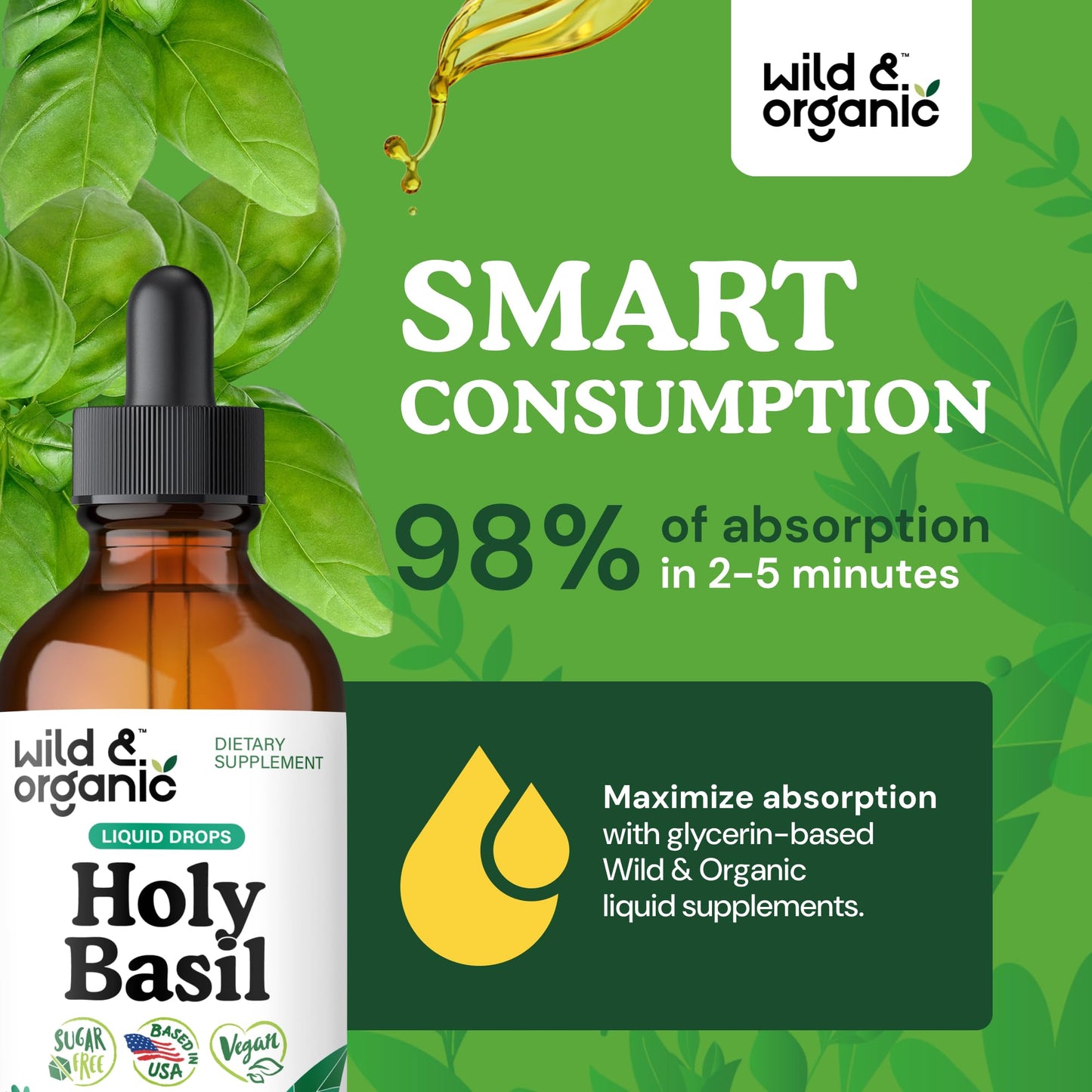 Wild & Organic Holy Basil Tincture - Relaxation & Calmness Support - Liquid Holy Basil Leaf Supplement - Tulsi Drops - Vegan, Sugar & Alcohol-Free Extract - 4 fl oz - PrimeBioHealth - canada supplements
