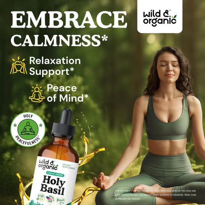 Wild & Organic Holy Basil Tincture - Relaxation & Calmness Support - Liquid Holy Basil Leaf Supplement - Tulsi Drops - Vegan, Sugar & Alcohol-Free Extract - 4 fl oz - PrimeBioHealth - canada supplements