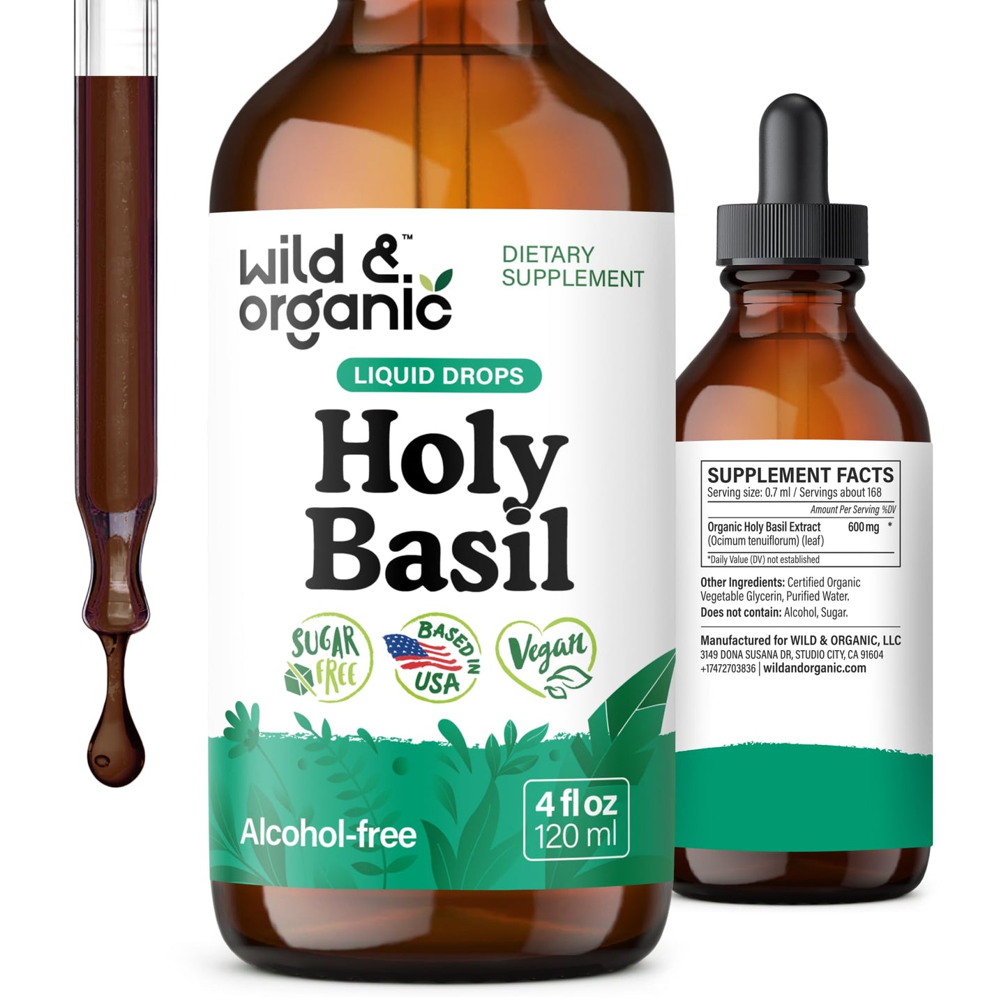 Wild & Organic Holy Basil Tincture - Relaxation & Calmness Support - Liquid Holy Basil Leaf Supplement - Tulsi Drops - Vegan, Sugar & Alcohol-Free Extract - 4 fl oz - PrimeBioHealth - canada supplements