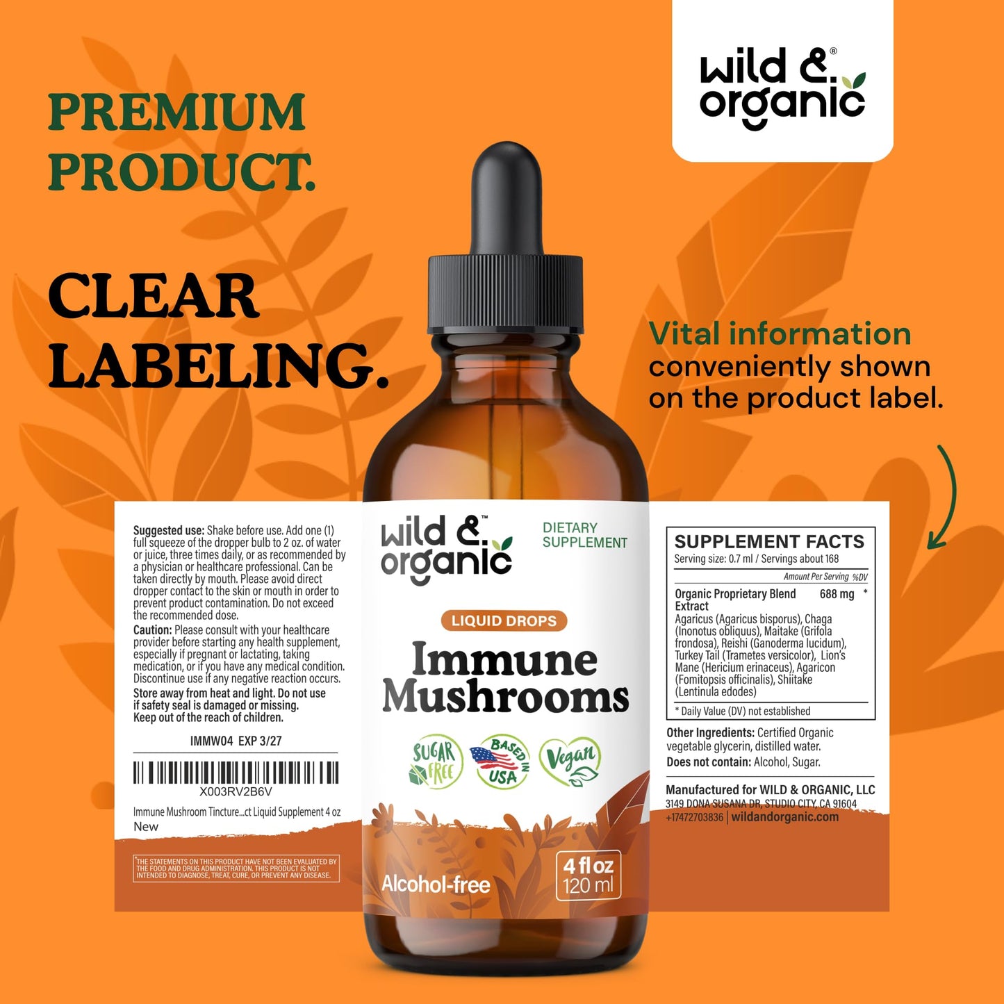 Wild & Organic Immune Mushroom Tincture - 8-in-1 Immune Support with Chaga, Reishi, Turkey Tail, Lion’s Mane, Maitake Extract - Liquid Mushroom Supplement - Vegan, Sugar & Alcohol-Free Drops - 4 oz - PrimeBioHealth - canada supplements