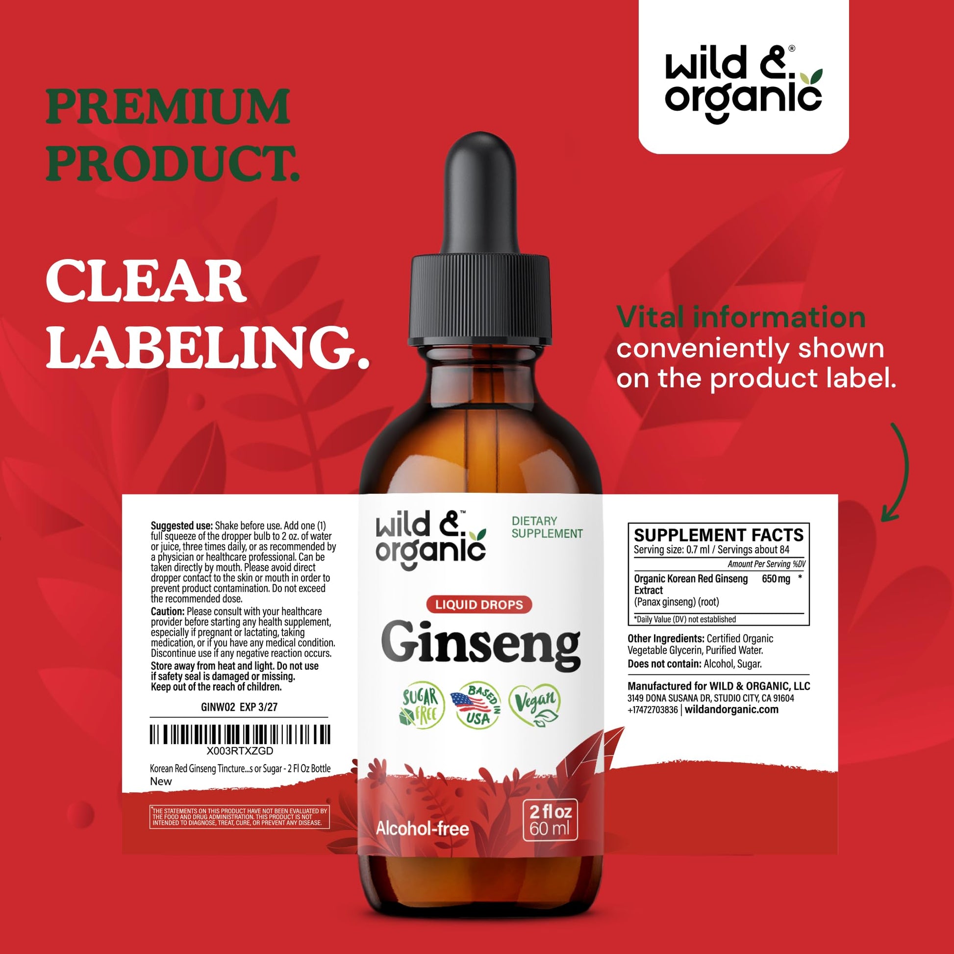 Wild & Organic Korean Panax Ginseng Extract Liquid Drops - Immune & Energy Support - Red Ginseng Root Supplement - Easy to Add to Tea - Vegan, Sugar & Alcohol-Free Tincture - 4 fl oz - PrimeBioHealth - canada supplements