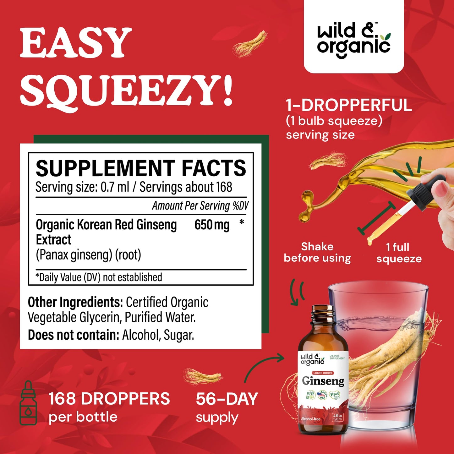 Wild & Organic Korean Panax Ginseng Extract Liquid Drops - Immune & Energy Support - Red Ginseng Root Supplement - Easy to Add to Tea - Vegan, Sugar & Alcohol-Free Tincture - 4 fl oz - PrimeBioHealth - canada supplements