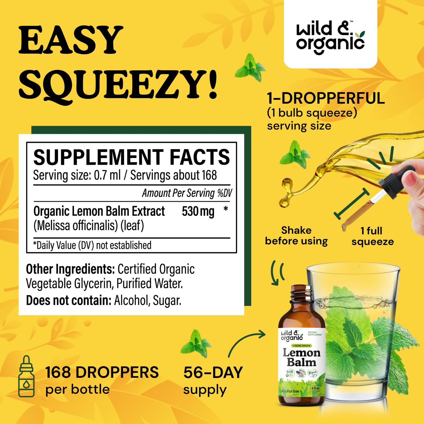 Wild & Organic Lemon Balm Tincture - Good Mood Support - Melissa Lemon Balm Extract Drops - Add to Tea for Relaxation - Vegan, Sugar & Alcohol-Free Leaf Supplement - 4 fl oz - PrimeBioHealth - canada supplements
