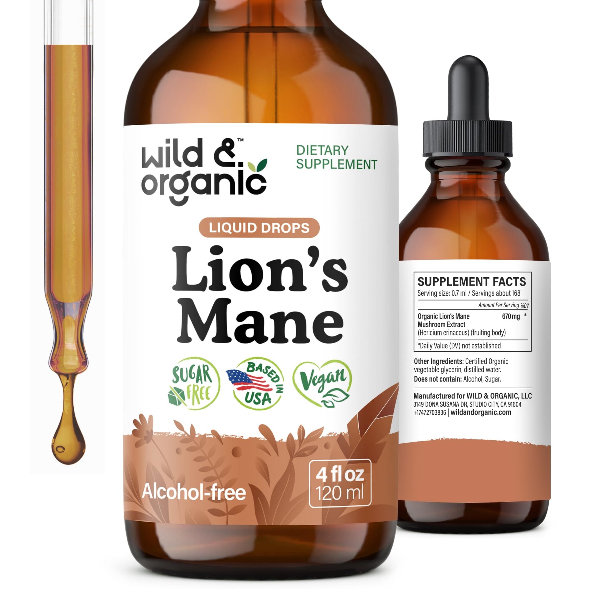 Wild & Organic Lions Mane Liquid Drops - Brain & Focus Support - Lion's Mane Mushroom Supplement - Hericium Erinaceus Mushroom Drops - Mix with Powder - Sugar & Alcohol-Free Extract Tincture - 4 oz - PrimeBioHealth - canada supplements