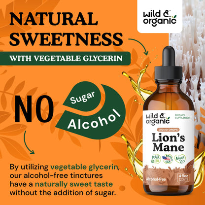 Wild & Organic Lions Mane Liquid Drops - Brain & Focus Support - Lion's Mane Mushroom Supplement - Hericium Erinaceus Mushroom Drops - Mix with Powder - Sugar & Alcohol-Free Extract Tincture - 4 oz - PrimeBioHealth - canada supplements