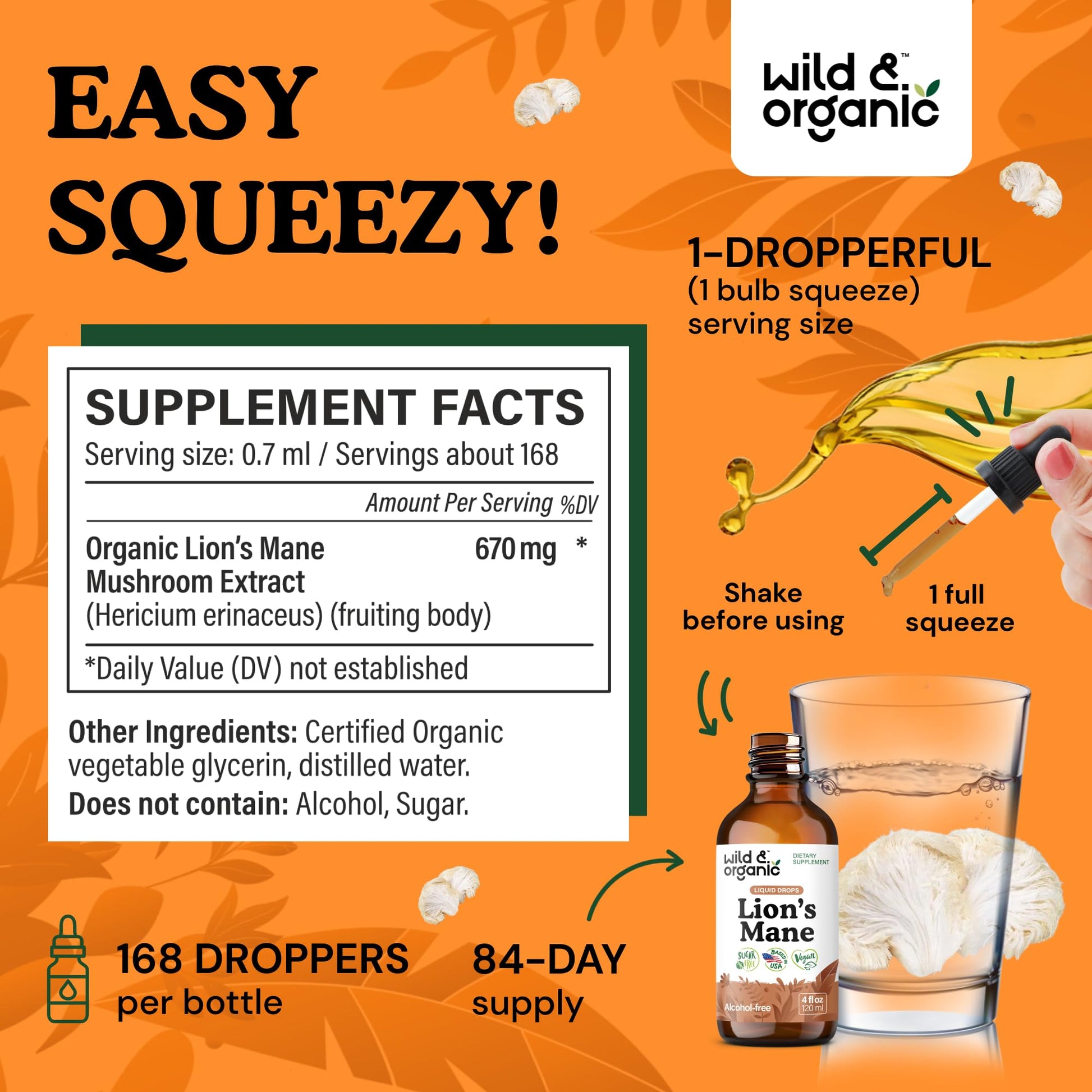Wild & Organic Lions Mane Liquid Drops - Brain & Focus Support - Lion's Mane Mushroom Supplement - Hericium Erinaceus Mushroom Drops - Mix with Powder - Sugar & Alcohol-Free Extract Tincture - 4 oz - PrimeBioHealth - canada supplements