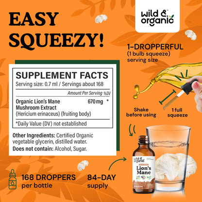 Wild & Organic Lions Mane Liquid Drops - Brain & Focus Support - Lion's Mane Mushroom Supplement - Hericium Erinaceus Mushroom Drops - Mix with Powder - Sugar & Alcohol-Free Extract Tincture - 4 oz - PrimeBioHealth - canada supplements