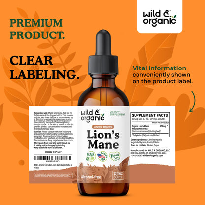 Wild & Organic Lions Mane Liquid Drops - Brain & Focus Support - Lion's Mane Mushroom Supplement - Hericium Erinaceus Mushroom Drops - Mix with Powder - Sugar & Alcohol-Free Extract Tincture - 4 oz - PrimeBioHealth - canada supplements