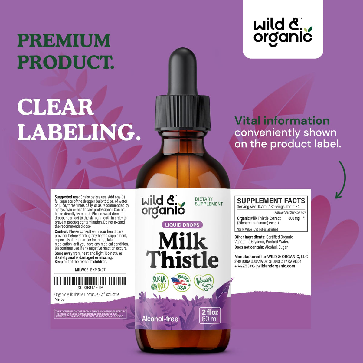 Wild & Organic Milk Thistle Liquid Drops - Liver Cleanse Detox - Silymarin Milk Thistle Supplement for Liver Support - Add to Tea - Silybum Marianum Seed Extract Tincture - Sugar & Alcohol-Free - 4 oz - PrimeBioHealth - canada supplements