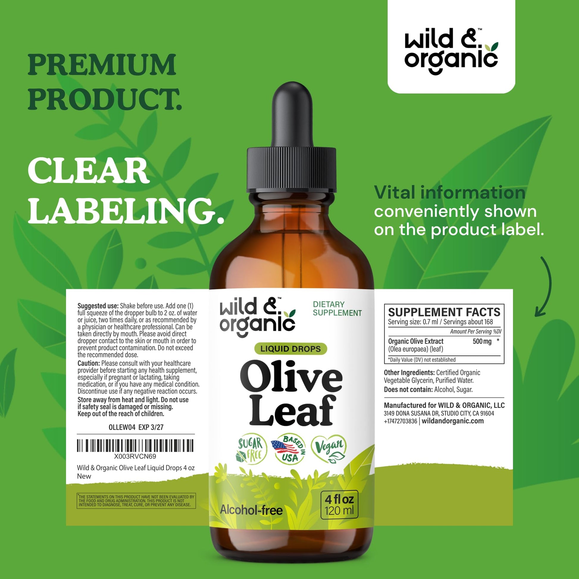 Wild & Organic Olive Leaf Extract Liquid Drops - Immune & Antioxidant Support - Oleuropein Supplement - Add to Tea Olive Leaf Tincture - Vegan, Sugar & Alcohol Free - 4 fl oz - PrimeBioHealth - canada supplements