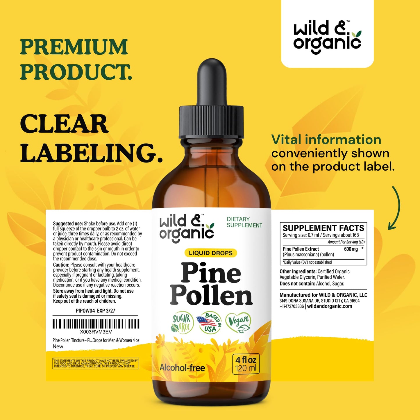 Wild & Organic Pine Pollen Tincture - Pine Pollen for Men & Women - Add to Tea & Drink - Pure Pinus Massoniana Extract Drops - Vegan, Sugar & Alcohol-Free Liquid Supplement - 4 fl oz - PrimeBioHealth - canada supplements