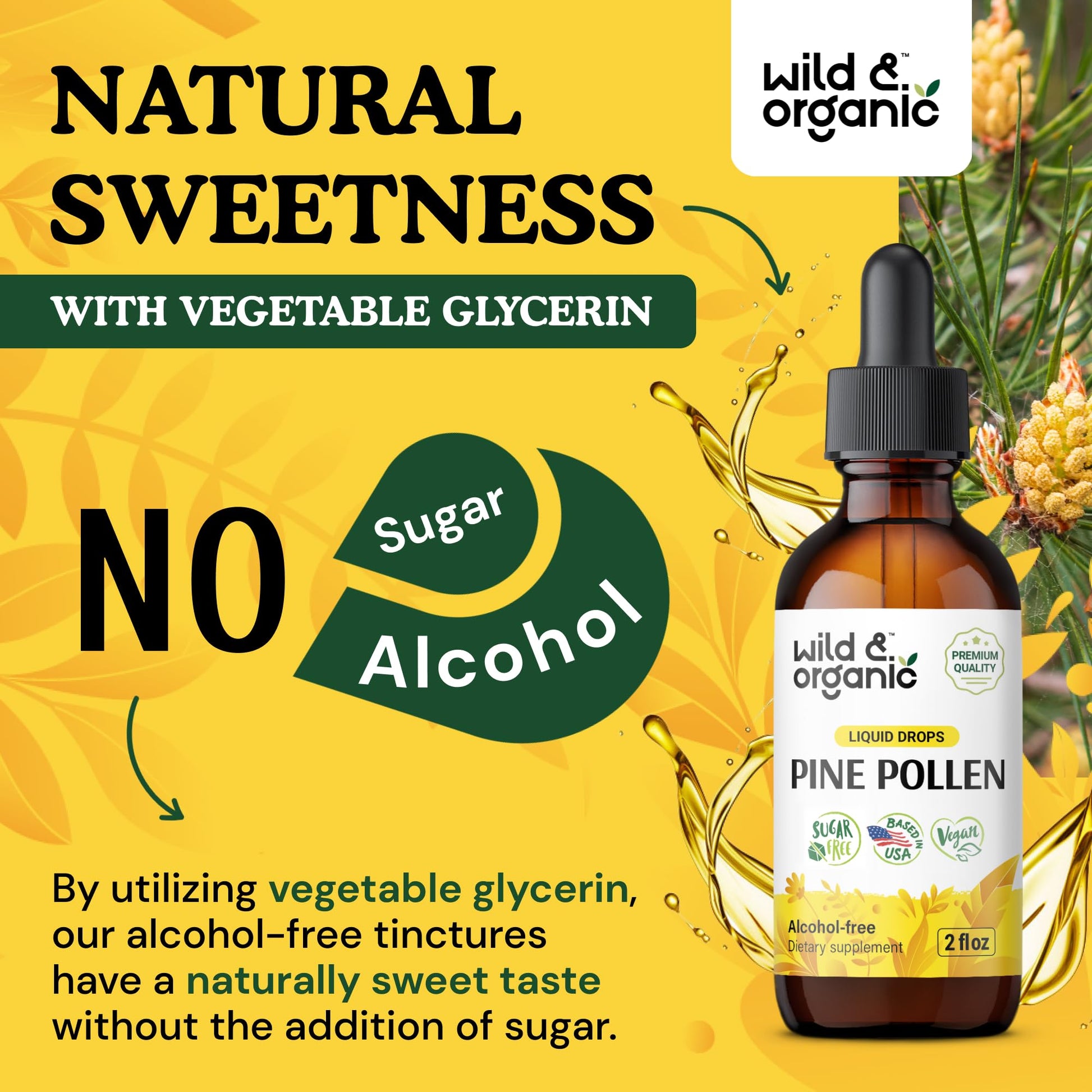 Wild & Organic Pine Pollen Tincture - Pine Pollen for Men & Women - Add to Tea & Drink - Pure Pinus Massoniana Extract Drops - Vegan, Sugar & Alcohol-Free Liquid Supplement - 4 fl oz - PrimeBioHealth - canada supplements