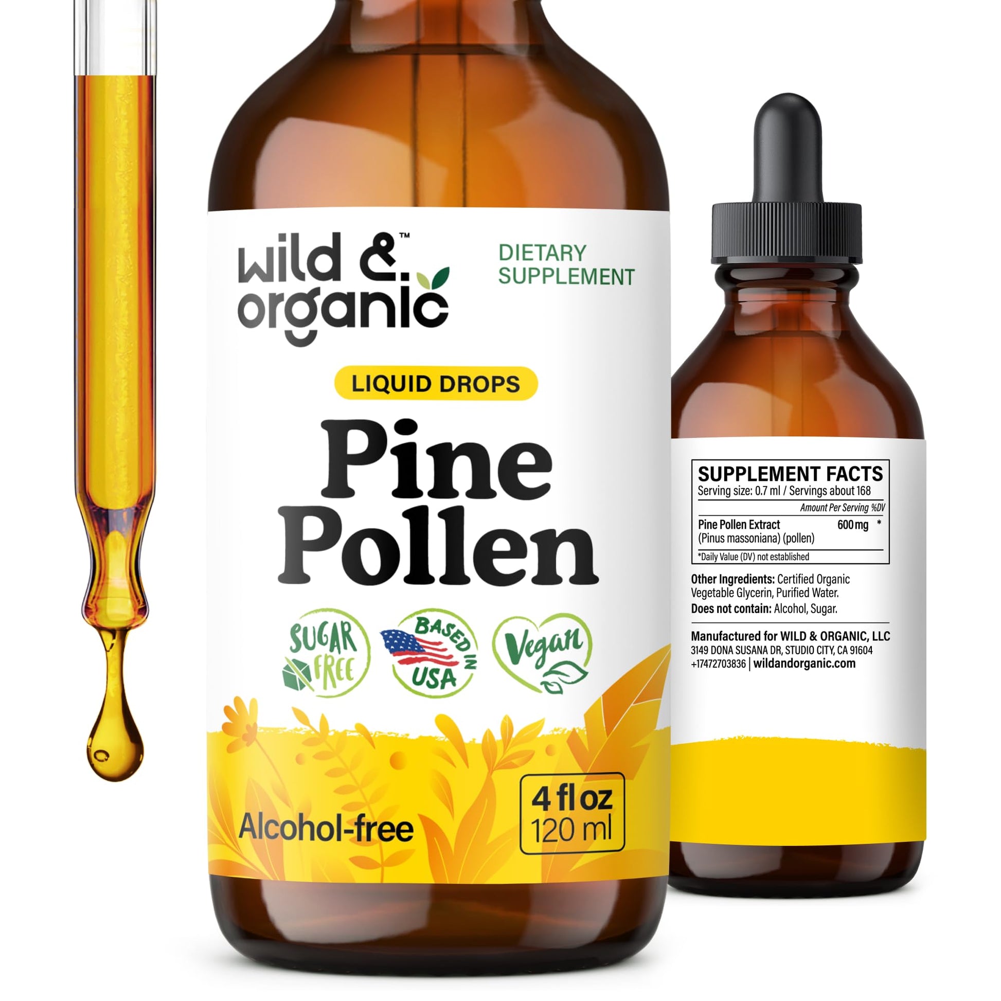 Wild & Organic Pine Pollen Tincture - Pine Pollen for Men & Women - Add to Tea & Drink - Pure Pinus Massoniana Extract Drops - Vegan, Sugar & Alcohol-Free Liquid Supplement - 4 fl oz - PrimeBioHealth - canada supplements