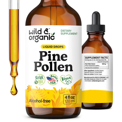 Wild & Organic Pine Pollen Tincture - Pine Pollen for Men & Women - Add to Tea & Drink - Pure Pinus Massoniana Extract Drops - Vegan, Sugar & Alcohol-Free Liquid Supplement - 4 fl oz - PrimeBioHealth - canada supplements