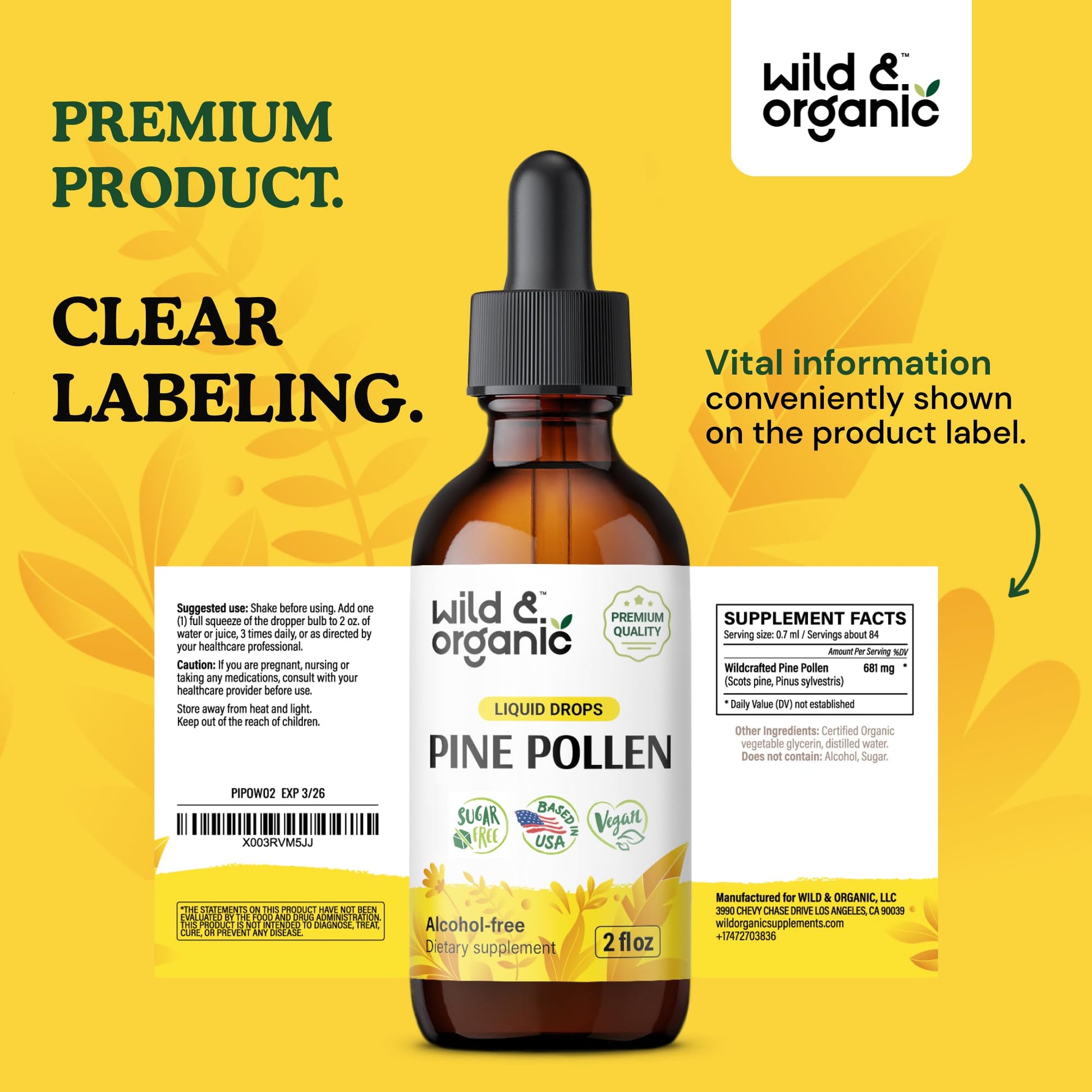 Wild & Organic Pine Pollen Tincture - Pine Pollen for Men & Women - Add to Tea & Drink - Pure Pinus Massoniana Extract Drops - Vegan, Sugar & Alcohol-Free Liquid Supplement - 4 fl oz - PrimeBioHealth - canada supplements