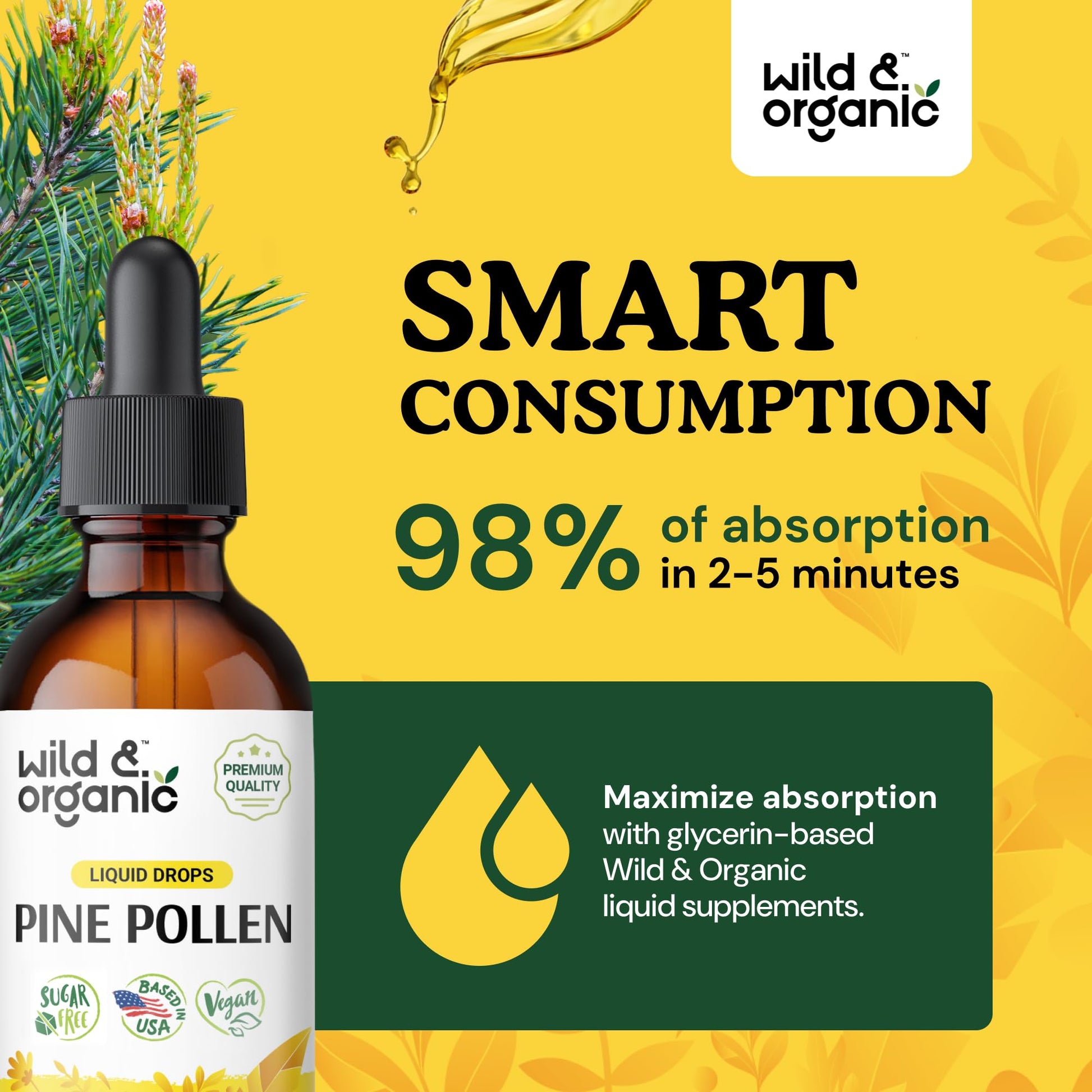 Wild & Organic Pine Pollen Tincture - Pine Pollen for Men & Women - Add to Tea & Drink - Pure Pinus Massoniana Extract Drops - Vegan, Sugar & Alcohol-Free Liquid Supplement - 4 fl oz - PrimeBioHealth - canada supplements