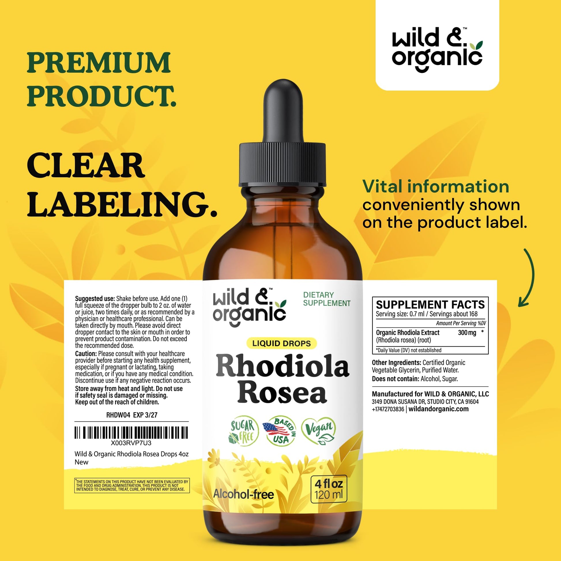 Wild & Organic Rhodiola Rosea Tincture - Rhodiola Rosea Supplement for Mood Support - Relaxing Root Extract Liquid Drops - Vegan, Sugar & Alcohol-Free - 4 fl oz - PrimeBioHealth - canada supplements