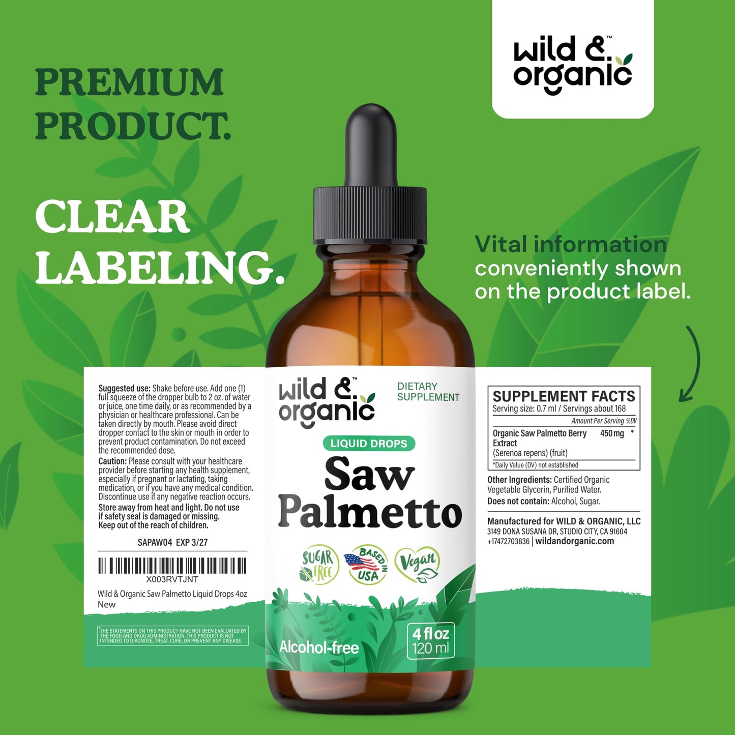 Wild & Organic Saw Palmetto for Men & Women - Urinary Tract & Hair Support - Saw Palmetto Extract Liquid Drops - Add to Tea - Serenoa Repens Berries Supplement - Vegan, Sugar & Alcohol-Free - 4 fl oz - PrimeBioHealth - canada supplements