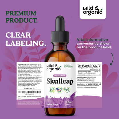 Wild & Organic Skullcap Herb Tincture - Skullcap Supplement for Mood Support - Relaxing Liquid Extract Drops - Vegan, Sugar & Alcohol-Free - 4 fl oz - PrimeBioHealth - canada supplements