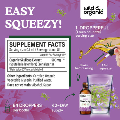 Wild & Organic Skullcap Herb Tincture - Skullcap Supplement for Mood Support - Relaxing Liquid Extract Drops - Vegan, Sugar & Alcohol-Free - 4 fl oz - PrimeBioHealth - canada supplements