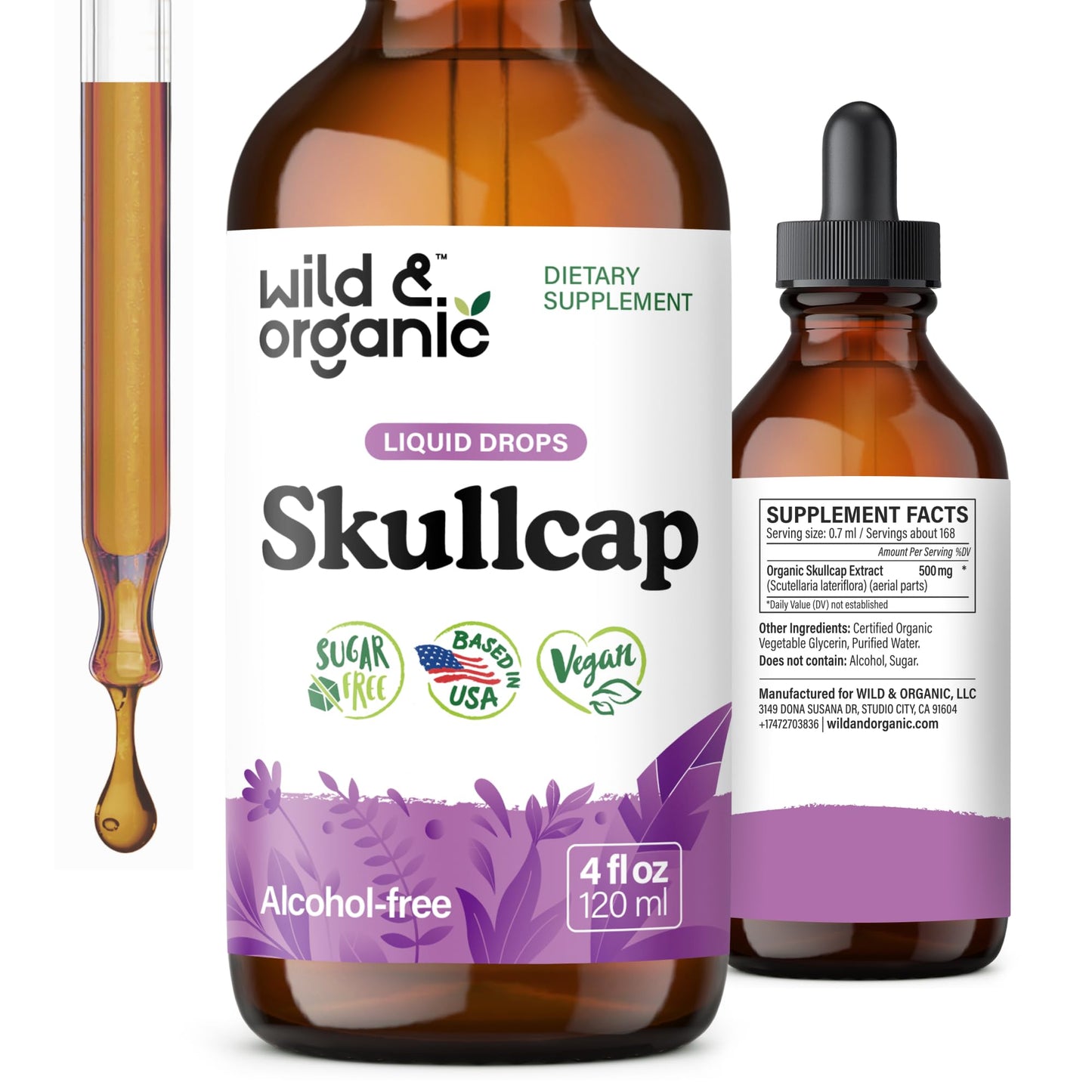Wild & Organic Skullcap Herb Tincture - Skullcap Supplement for Mood Support - Relaxing Liquid Extract Drops - Vegan, Sugar & Alcohol-Free - 4 fl oz - PrimeBioHealth - canada supplements