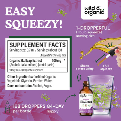 Wild & Organic Skullcap Herb Tincture - Skullcap Supplement for Mood Support - Relaxing Liquid Extract Drops - Vegan, Sugar & Alcohol-Free - 4 fl oz - PrimeBioHealth - canada supplements